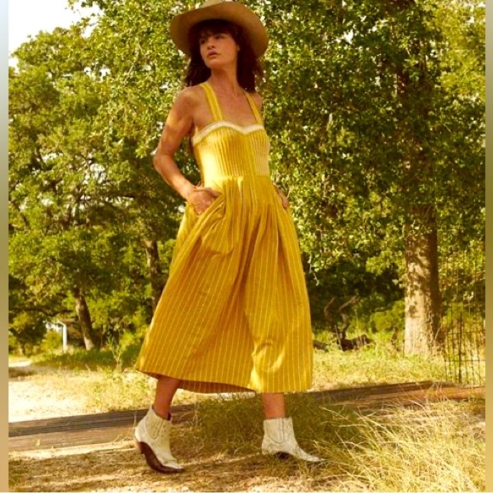 THE GREAT. Yellow Striped Midi Dress